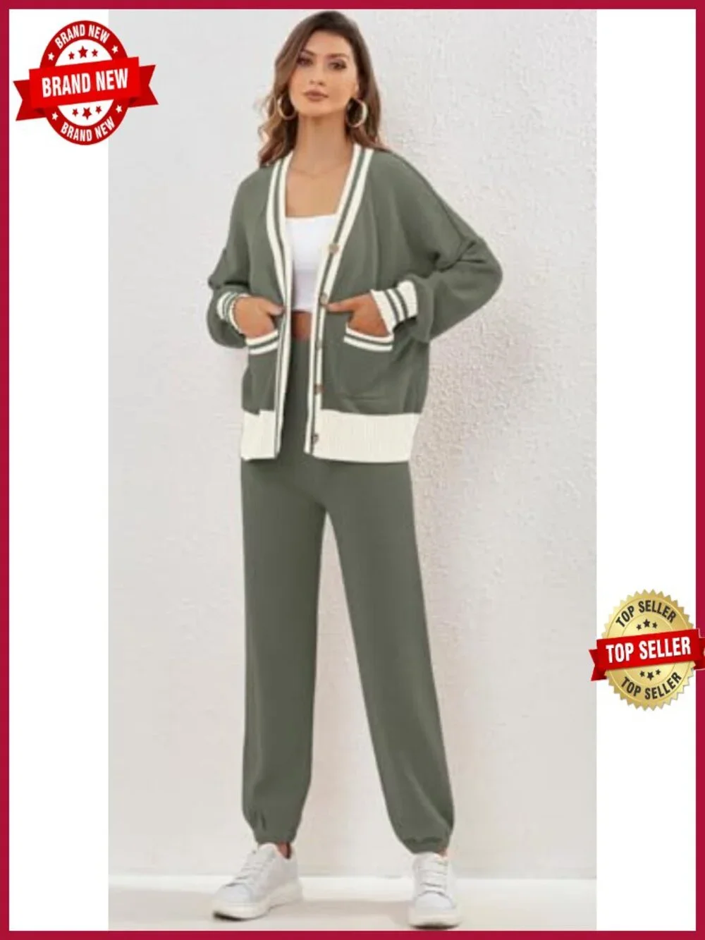 Women's 2 Piece Lounge Set Oversized Cardigan & Wide Leg Pants Knit Sweater Set